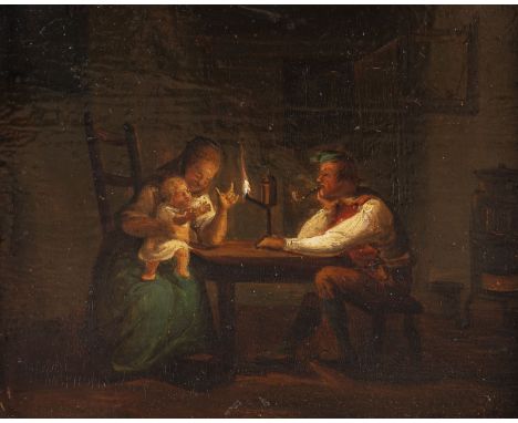 UNBEKANNTER KÜNSTLERTätig im 19. Jh.Familie am Tisch bei Kerzenlicht Öl auf Holz. SM 10 x 12,5 cm (R. 15 x 17,5 cm). Rahmen (