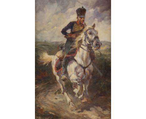 ANTON HOFFMANN1863 Bayreuth - 1938 MünchenREITENDER HUSAR Öl auf Leinwand. 28 x 19 cm (R. 56 x 47). Signiert und ortsbezeichn