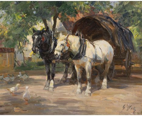 GEORG WOLF1882 Niederhausbergen - 1962 UelzenPferdefuhrwerk Öl auf Platte. 55 x 67 cm (R. 71 x 85 cm). Signiert unten rechts.