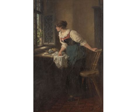 WILHELM DER ALTE ROEGGE1829 - 1908Mädchen schaut aus dem Fenster Öl auf Leinwand. 68,5 x 44 cm (R. 77 x 53 cm). Signiert unte