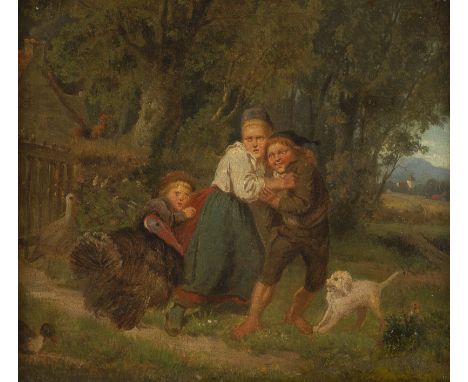 ERNST BOSCH (UMKREIS)1834 - 1917Von einem Truthahn erschreckte Kinder Öl auf Leinwand. 25 x 30 cm (R. 31 x 34 cm). Min. besch