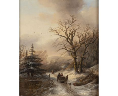 JAN JACOB SPOHLER (ATTR.)1811 Nederhorst den Berg - 1866 AmsterdamReisigsammler im Winterwald Öl auf Leinwand (doubl.). 37 x 