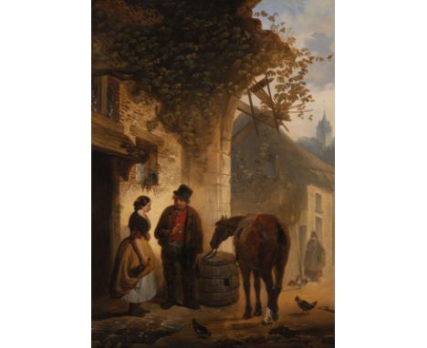 DEUTSCHE SCHULE2. Hälfte 19. Jh.Szene vor dem Wirtshaus Öl auf Holz. 46 x 35 cm (R. 63 x 51 cm). Rahmen.