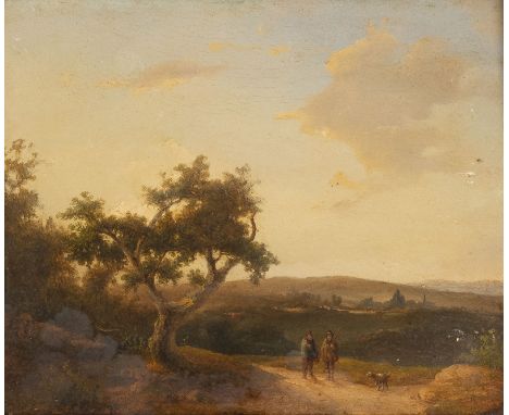 BAREND CORNELIS KOEKKOEK (SCHULE)1803 Middelburg - 1862 KleveLandschaft mit zwei Jägern und einem Hund Öl auf Holz. 23 x 27,5