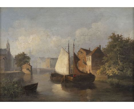 NIEDERLÄNDISCHE SCHULE2. Hälfte 19. Jh.Stadt am Kanal Öl auf Holz. 21 x 29,5 cm (R. 38 x 49 cm). Min. besch. Rahmen.