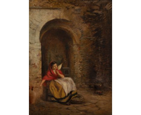 UNBEKANNTER KÜNSTLERTätig um 1960Italienerin mit Spindel Öl auf Leinwand (doubl.). 61 x 46 cm (R. 78 x 61 cm). Schwer leserli