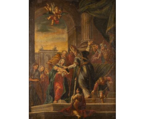 ITALIENISCHE SCHULE DES 17. JH.DARBRINGUNG IM TEMPEL Öl auf Leinwand (altdoubl.). 93,5 x 69,5 cm (R. 102,5 x 79 cm). Part. al
