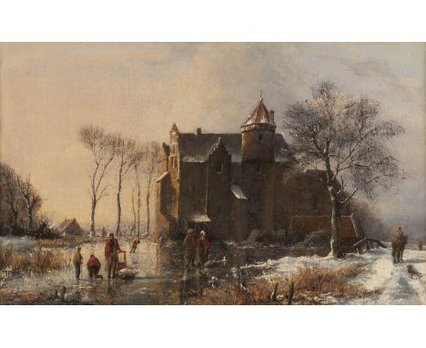 BAREND CORNELIS KOEKKOEK (ATTR.)1803 Middelburg - 1862 KleveWinterlandschaft mit zugefrorenem Fluss und Schloss Öl auf Leinwa