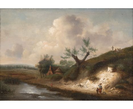 NIEDERLÄNDISCH-FLÄMISCHE SCHULE UM 1700LANDSCHAFT MIT BÄUERLICHEM ANWESEN UND PERSONENSTAFFAGE Öl auf Eichenholztafel (fünf a