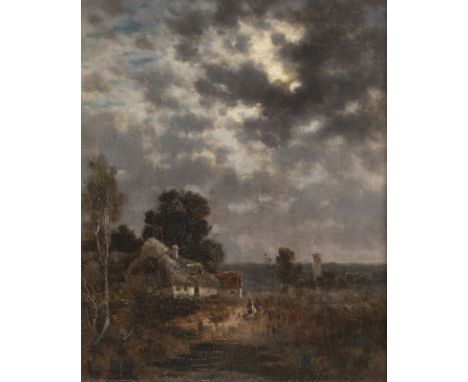 DEUTSCHER MALERTätig 2. Hälfte 19. Jh.Nächtliche Landschaft Öl auf Leinwand. 27 x 22,5 cm (R. 52 x 47 cm). Verso: auf der Lei