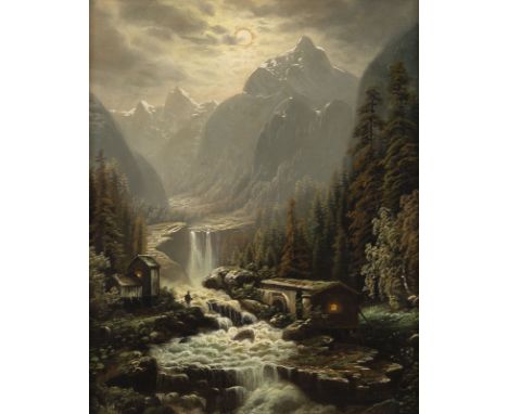 UNBEKANNTER MALERtätig 19./20. Jh.Nächtliche Berglandschaft mit einer Mühle am Fluss Öl auf Leinwand (doubl.). 60 x 50 cm (R.