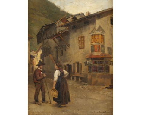 HERMANN LINDENSCHMIT (ATTR.)1857 - 1939Zwei Personen auf einer Stadtstraße Öl auf Leinwand. 41 x 33 cm (R. 61 x 52 cm). Bezei