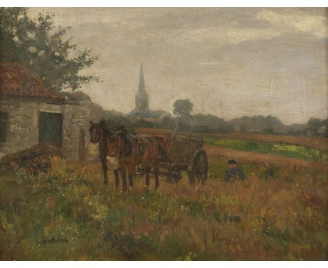 GOTTFRIED BACHEM1866 Bonn - 1942Wiesenlandschaft mit Pferden und Kutsche Öl auf Leinwand. 40 x 52 cm (R. 61 x 72 cm). Igniert