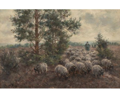 GEORG WOLF1882 Niederhausbergen - 1962 UelzenSchafherde auf dem Heimweg Öl auf Sperrholzplatte. 37 x 55 cm (R. 54 x 71 cm). S