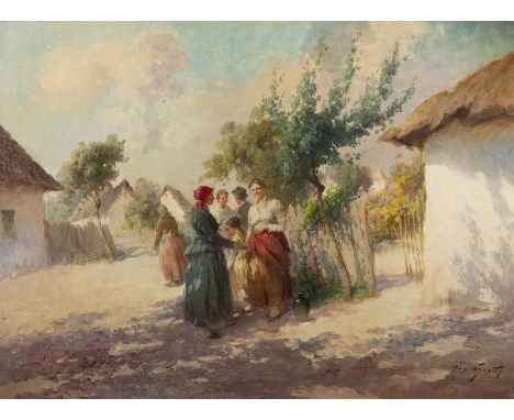 AGOSTON ACS1889 Budapest - 1947 ebendaPlausch auf der Dorfstraße Öl auf Leinwand. 61 x 80 cm (R. 73 x 92 cm). Signiert unten 