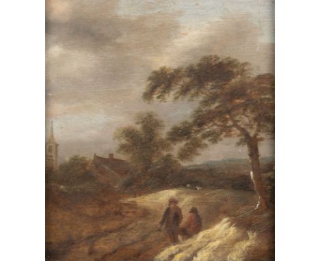DAVID TENIERS DER JÜNGERE (UMKREIS)1610 Antwerpen - 1690 BrüsselLANDSCHAFT MIT BAUERN IM GESPRÄCH Öl auf Eichenholztafel. 20 