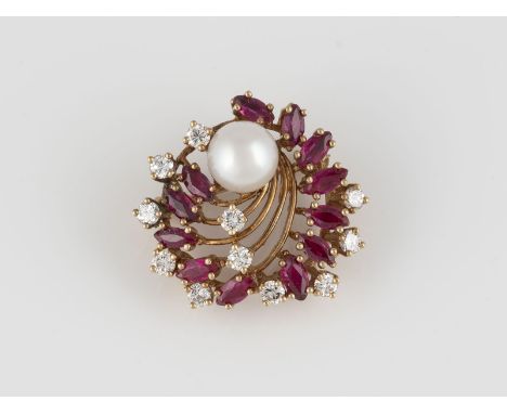 ANHÄNGER/BROSCHE MIT EDELSTEINBESATZ Gelbgold. D. 2,4 cm, Ges.-Gew. ca. 6,8 g. Geprüft 14 K. Eine Perle, D. ca. 7,6 mm, 11 Br