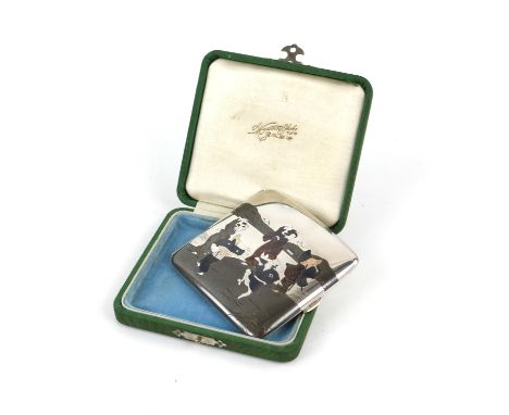 Japanese silver cigarette case overlaid in coloured metals with a scene of figures dancing, marked 'Silver 950', signed verso