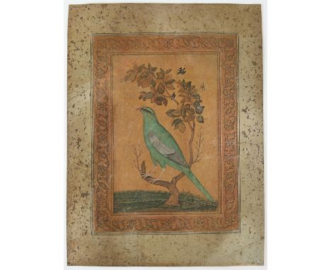 Bird on a Tree Trunk. Vintage print on cloth by Cashs of Coventry after the original Mughal picture in the Clive album held b