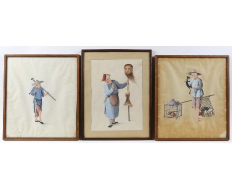 Three Chinese late 19th century or early republic paintings, with a farmer smoking a pipe, a monkey or beast hunter, and a ca