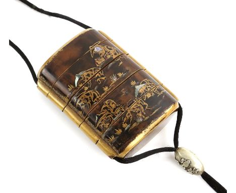 Japanese five section Inro with lacquered decoration of figures in a landscape, white metal bead and carved wood Netsuke in t