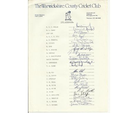  Warwickshire County cricket club1983 signed team sheet.  Signed by Willis, Amiss, Din, Dyer, Ferreira, Gifford, Hogg, Humpag