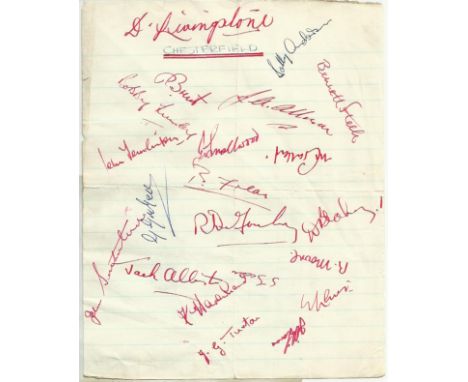  Chesterfield FC sheet on lined paper 1950’s.  21 autographs in total.  Est £5-8