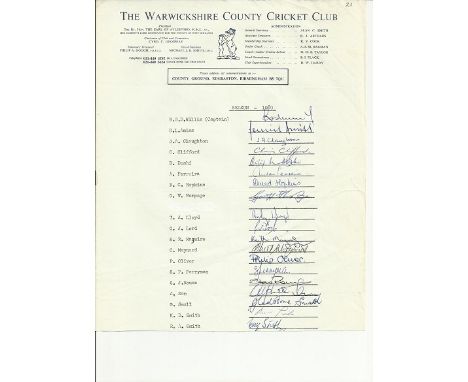  Warwickshire County cricket club 1980 signed team sheet.  Signed by Willis, Amiss, Claughton, Clifford, Doshi, Ferreira, Hop