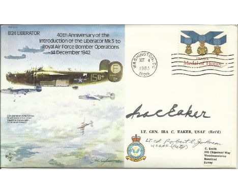  B33c Signed Lt General Ira Eaker , Lt Col R Johnson USA Pilot WW11 Ace 27 B24 Cover Signed Lt General Ira Eaker , Lt Col R J