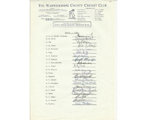  Warwickshire County cricket club 1981 signed team sheet.  Signed by Willis, Amiss, Din, Doshi, Ferreira, Hogg, Hopkins, Hump