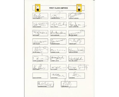  First class umpires A4 sheet.  Signed by Benson, Burgess, Clarkson, Constant, Cowley, Dudleston, Evans, Hampshire, Harris, J