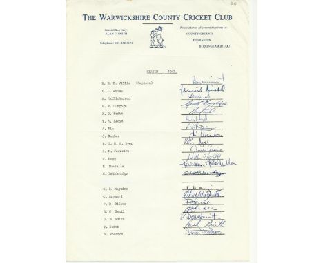  Warwickshire County cricket club 1982 signed team sheet.  Signed by Willis, Amiss, Kallicharran, Humpage, K Smith, Lloyd, Di