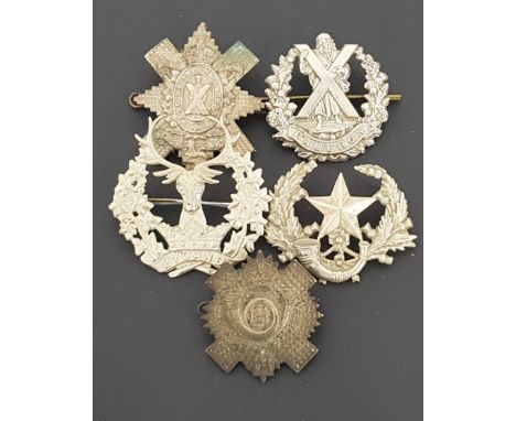 SELECTION OF FIVE METAL MILITARY CAP BADGESincluding the Cameronians, Cameron Highlanders, Highland Light Infantry, Black Wat