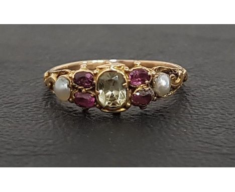 EDWARDIAN GEM AND SEED PEARL SET RINGthe central yellow/green gem flanked by pink gemstones and seed pearls, on unmarked gold