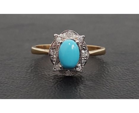 TURQUOISE AND DIAMOND CLUSTER RINGthe central oval cabochon turquoise in shaped diamond set surround, on nine carat gold shan