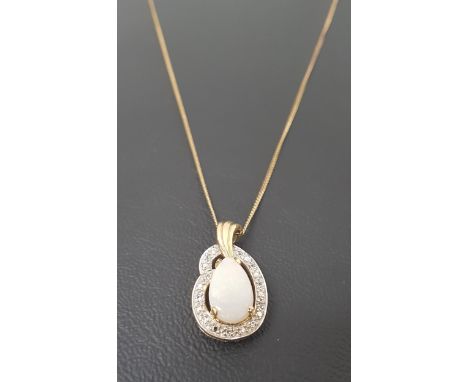 OPAL AND DIAMOND PENDANTthe pear shaped opal in illusion set diamond surround, in nine carat gold and on nine carat gold chai