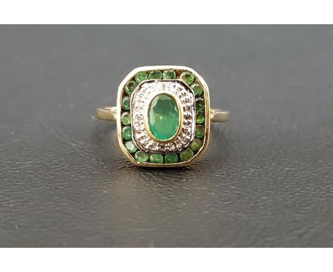 ART DECO STYLE EMERALD AND DIAMOND RINGthe central bezel set oval cut emerald approximately 0.5cts, in inner illusion set dia