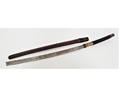 BURMESE DHAwith a curved single edge blade, 50.5cm long, the handle with brass mounts and twine banding, contained in a two p