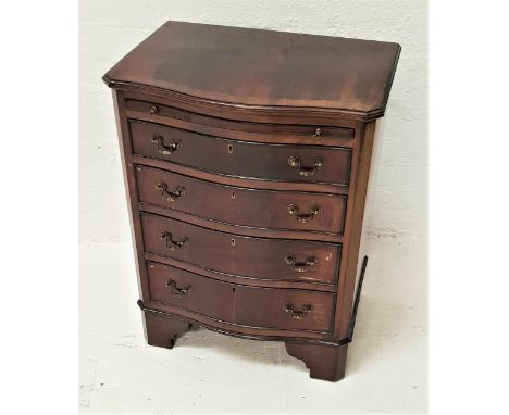 GEORGIAN STYLE MAHOGANY AND CROSSBANDED BOW FRONT CHESTwith a moulded top above a baize lined brushing slide with a plaque,'P