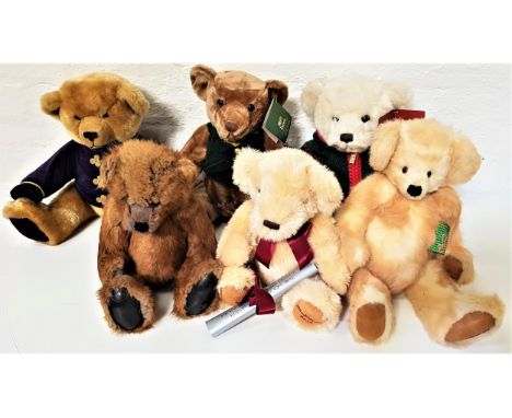 SELECTION OF COLLECTORS TEDDY BEARSincluding the Harrods 1999 with a green waistcoat, Harrods 2000 with a purple velvet jacke