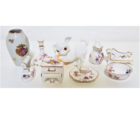 SEVEN MINATURE HAMMERSLEY CHINA PIECESincluding an iron, a bowl, a candlestick, a chamber stick, a jug, a grand piano and a c