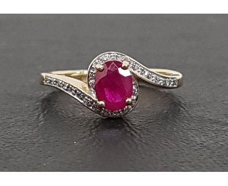 RUBY AND DIAMOND RINGthe central oval cut ruby approximately 0.8cts in diamond set surround and twist setting, on nine carat 