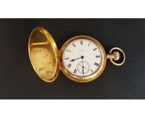GOLD PLATED ELGIN POCKET WATCHthe white enamel dial with Roman numerals and subsidiary seconds dial, with engine turned decor