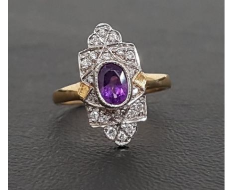 ART DECO STYLE AMETHYST AND DIAMOND PLAQUE RINGthe central oval cut amethyst in shaped surround set with diamonds totaling ap