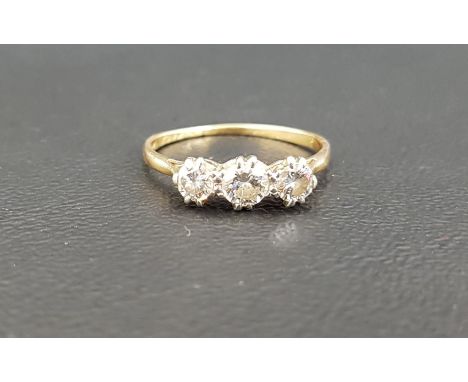 GRADUATED DIAMOND THREE STONE RINGthe round brilliant cut diamonds totaling approximately 0.75cts, on unmarked gold shank (te