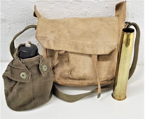 BRITISH ARMY CANVAS FIELD BAGwith shoulder strap, an aluminium water bottle and mess tin in a canvas case and a brass artille