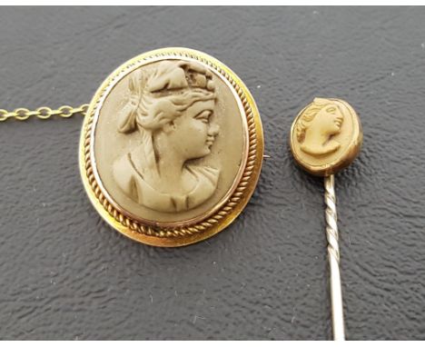 LAVA CAMEO BROOCHdepicting female bust in profile, in unmarked gold mount with safety chain, 2.5cm high; together with a lava