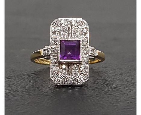 ART DECO STYLE AMETHYST AND DIAMOND PLAQUE RINGthe central square cut amethyst in multi diamonds surround, the diamonds total