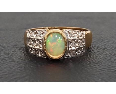 OPAL AND DIAMOND CLUSTER RINGthe central oval cabochon opal flanked by diamond set shoulders, on nine carat gold shank, ring 