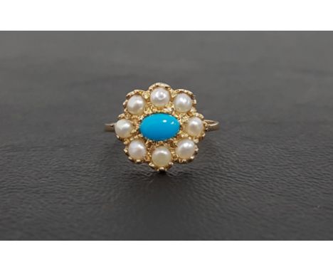 TURQUOISE AND PEARL CLUSTER RINGthe central oval cabochon turquoise in eight pearl surround, on nine carat gold shank, ring s